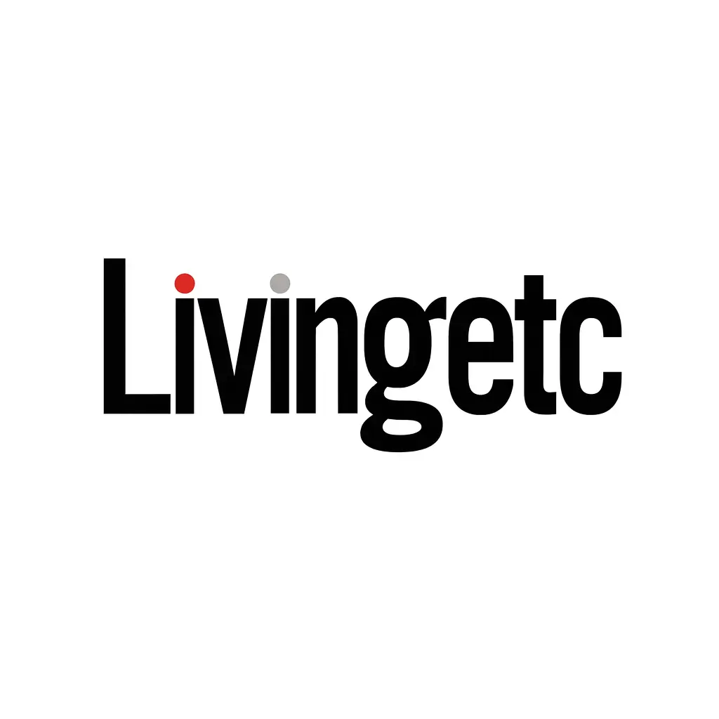 Livingetc magazine logo in black font with red and gray dots on white background