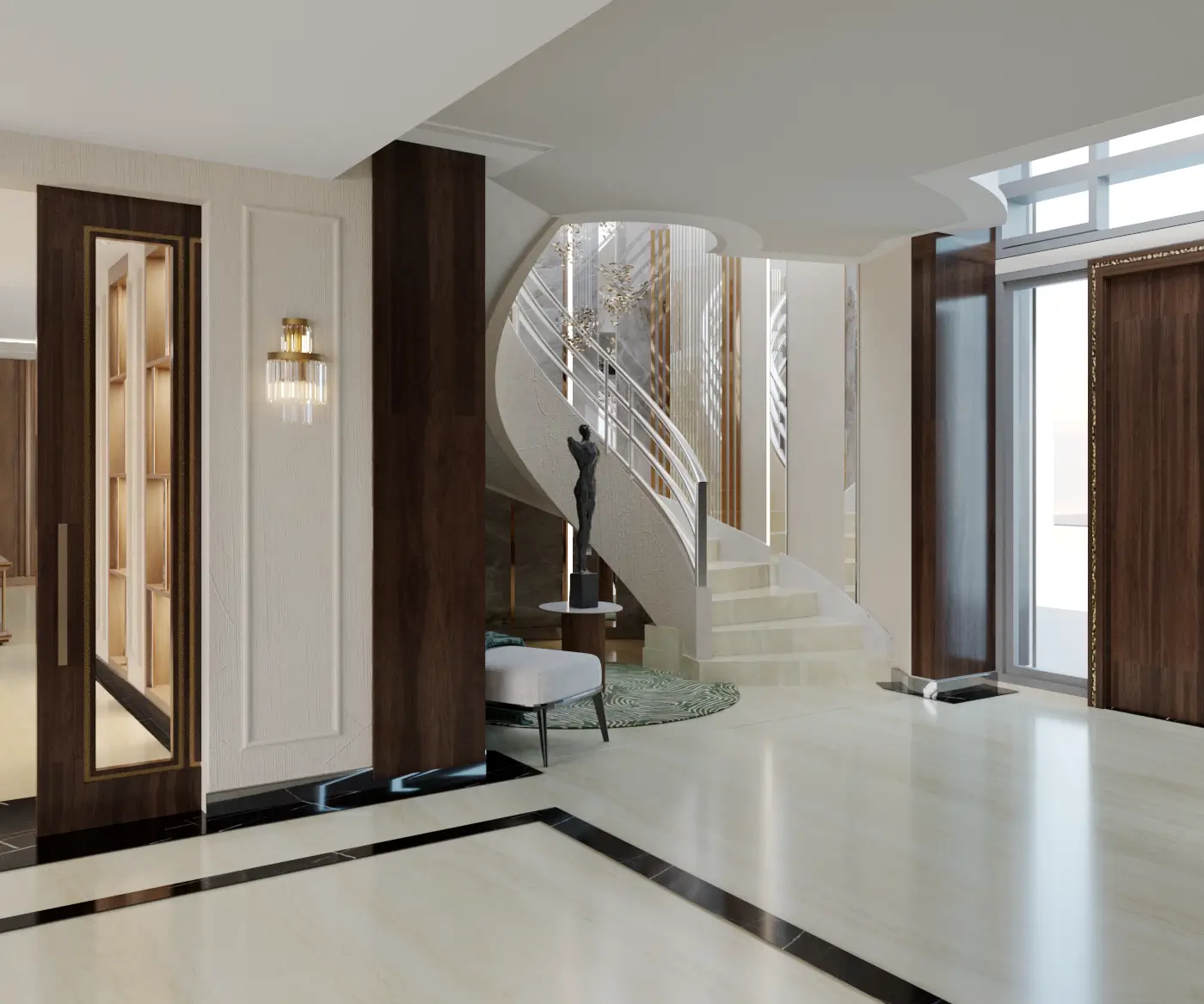 Luxury foyer with a curved staircase, marble flooring, dark wood wall panels, and a sculptural decor piece.