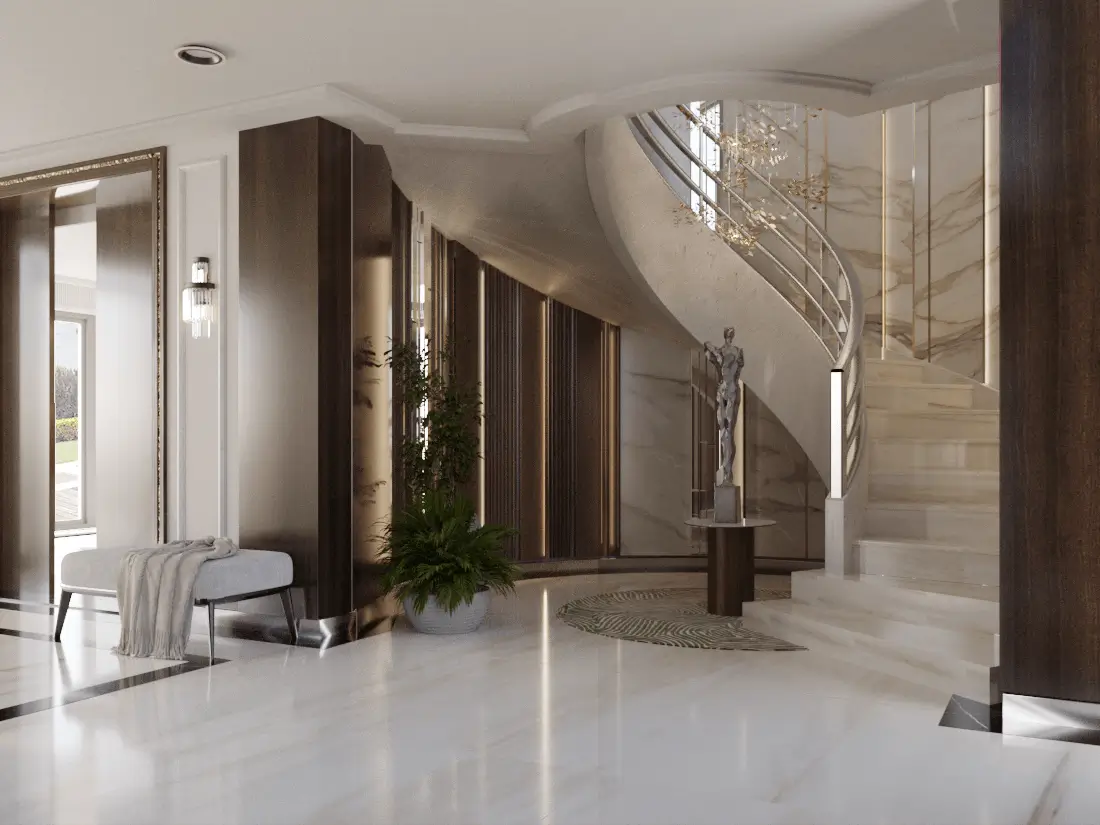 Luxury interior design in Marbella — elegant Mediterranean home interior with marble staircase, soft lighting, and timeless architectural details.