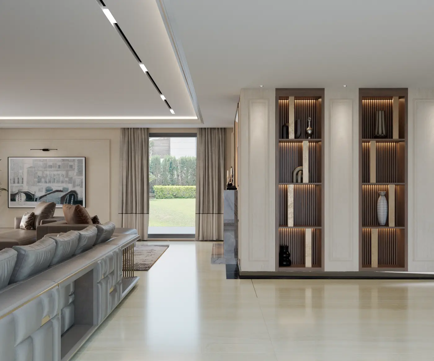 Elegant living room with illuminated built-in shelves, floor-to-ceiling decor elements, and a large window facing a garden.