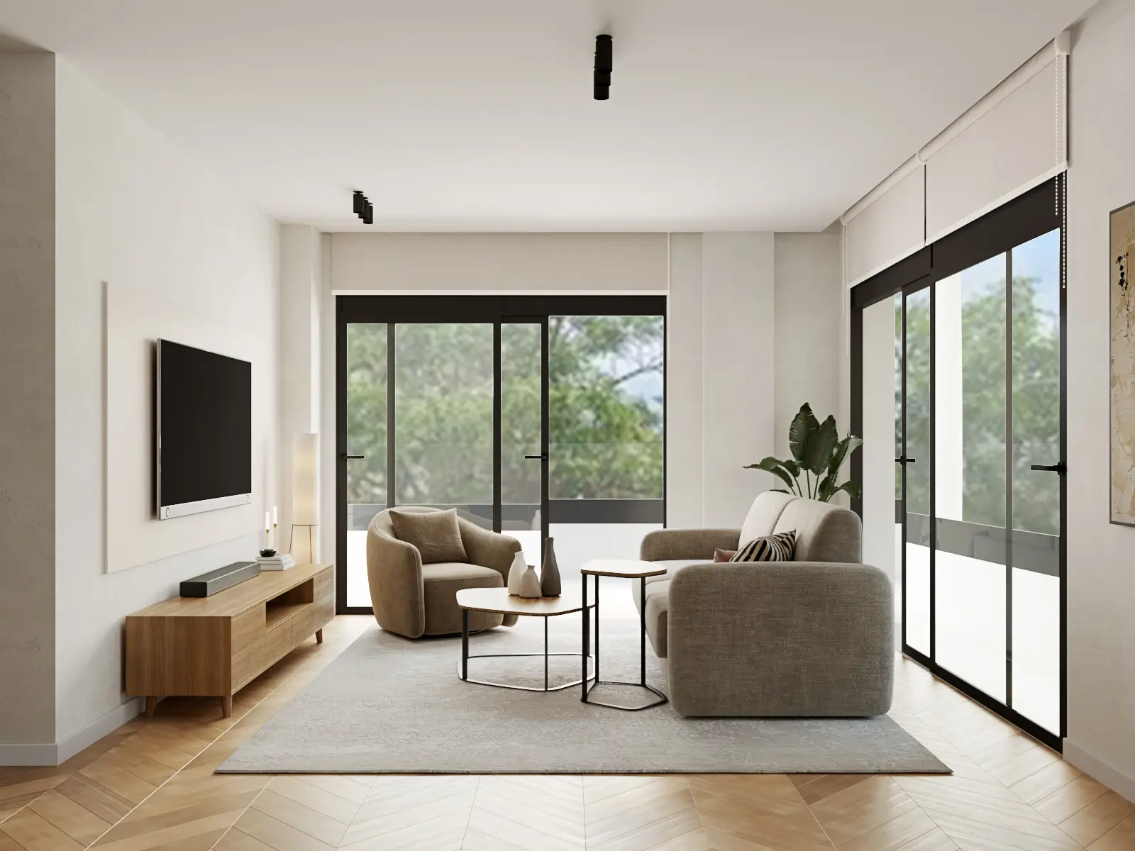 Minimalist living room with neutral tones, large windows, beige armchairs, and a clean modern aesthetic.
